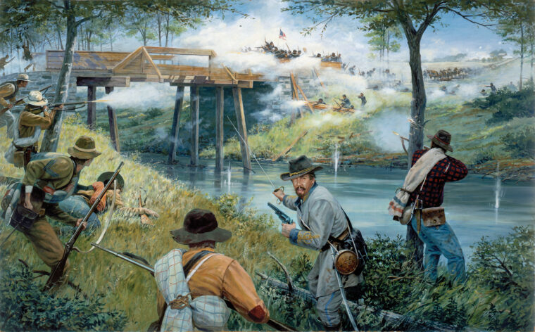 Union soldiers of Colonel John Wilder’s Mounted Infantry Brigade armed with Spencer repeating rifles delay Confederate attempts to cross at Alexander’s Bridge over Chickamauga Creek at midday on September 18, 1863. The rebels suffered heavy casualties but eventually overpowered the defenders by sheer force of numbers.