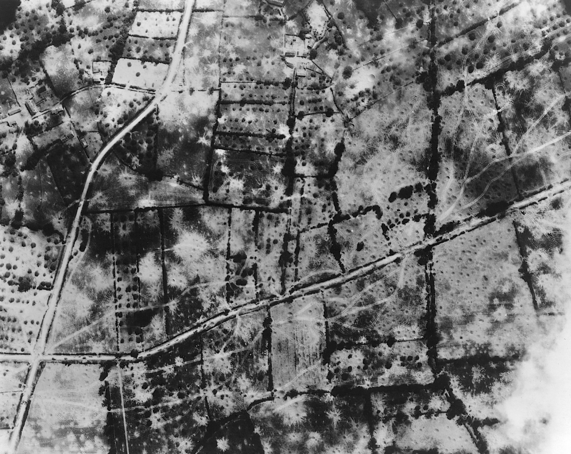 Aerial photo of the Normandy countryside after the U.S. Air Force's—carpet bombings shows hundreds of bomb craters—bombs that inadvertently killed and wounded American troops. 