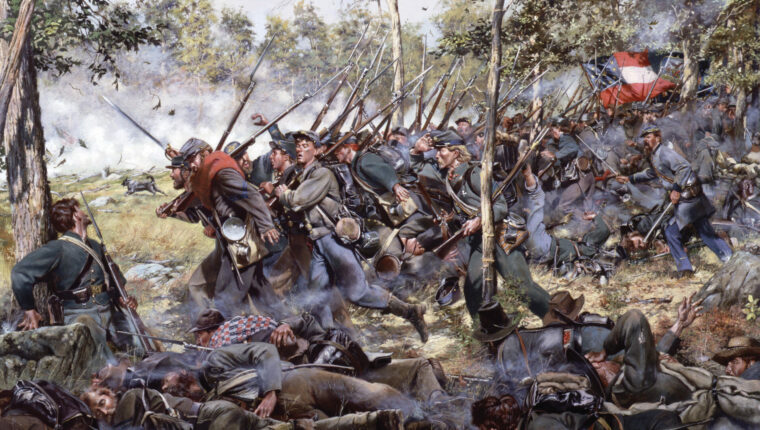 The gallant men of the 1st Maryland (Confederate) Battalion charge the Union position atop Culp’s Hill on the morning of July 3 in a painting by Don Troiani. The attack, which was repulsed with heavy losses, sought to take advantage of the success of the previous day when the Confederates captured lower Culp’s Hill.