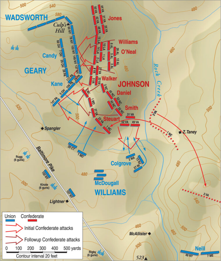 Johnson’s division, reinforced with two brigades from Maj. Gen. Robert Rodes’ division, attacked the Union center and right atop Culp’s Hill on July 3, but could not pierce the Union line.