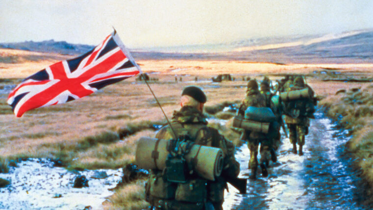 A column of 45 Royal Marine Commando marches toward Port Stanley. The British did not have a particular advantage in numbers or firepower, but their training and discipline enabled them to triumph in the challenging environment.