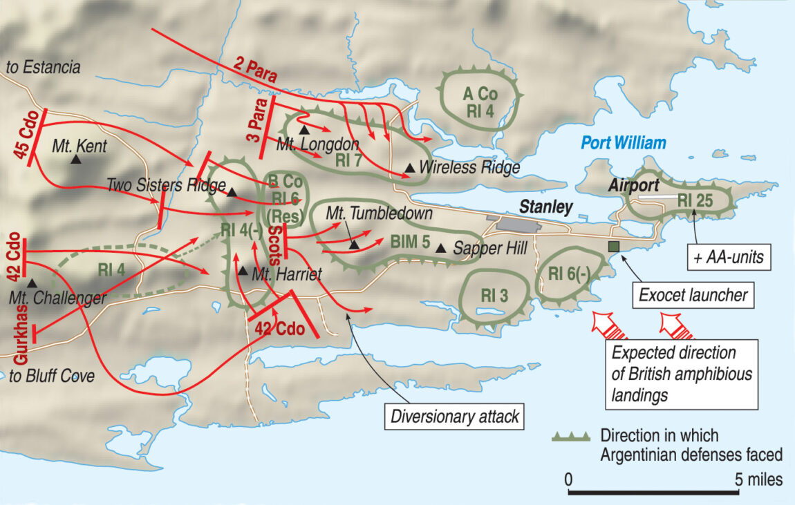 The British had to methodically reduce Argentine positions on a series of hills west of Port Stanley to liberate the city.