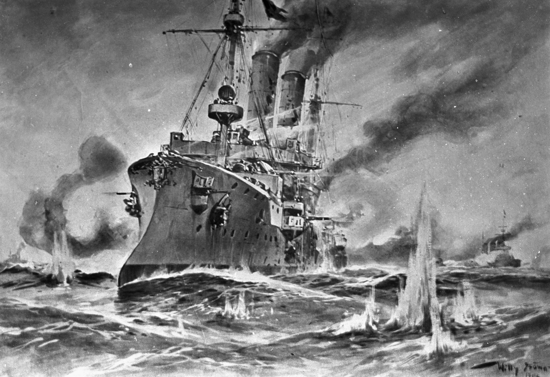 Shells explode around the German cruiser SMS Ariadne in this dramatic illustration. In the aftermath of the British victory, the Germans became overly cautious.