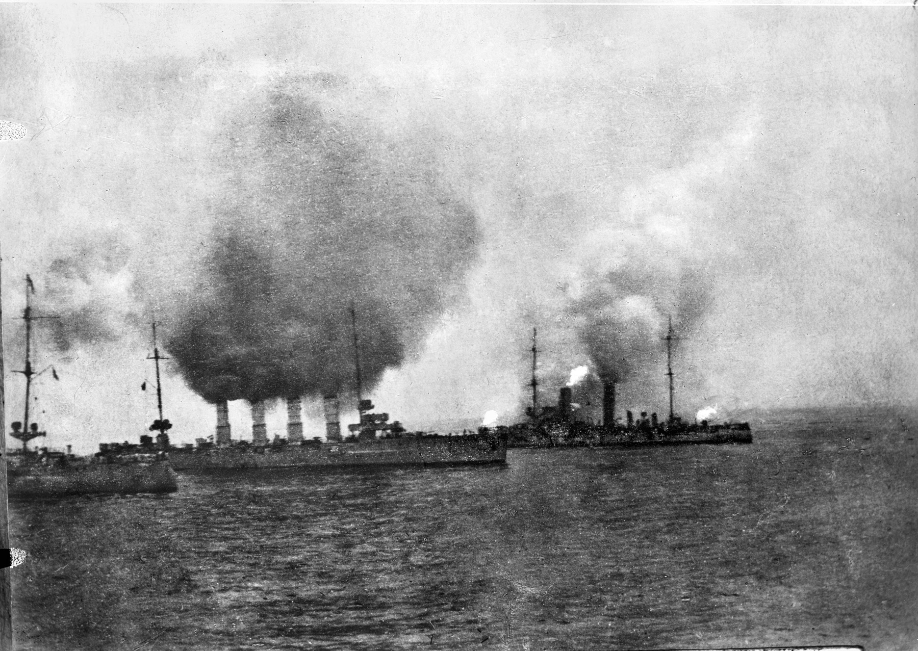 German light cruisers SMS Ariadne, Stralsund, and Danzig photographed during the action at Heligoland.