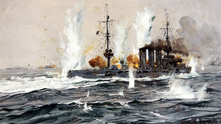 The German flagship SMS Cöln takes fire from Commodore William Goodenough’s cruisers. Having suffered severe damage, her crew decided to scuttle her in the hope that they would be picked up by ships in close proximity. Sadly, all but one man perished at sea.