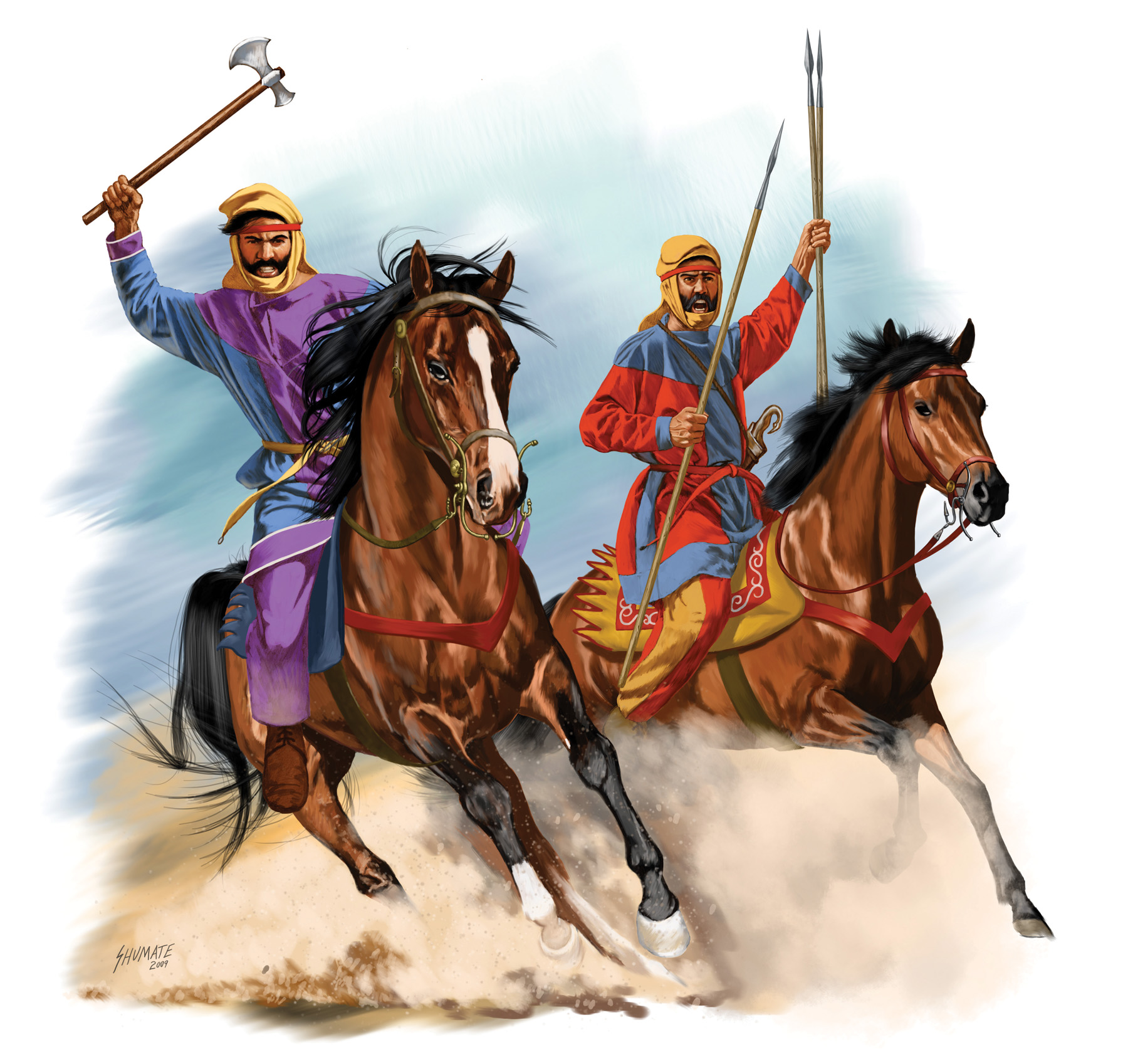 A Macedonian hoplite (left) and Persian cavalryman as they might have appeared at the Battle of Issus. Paintings by historical illustrator Johnny Shumate.