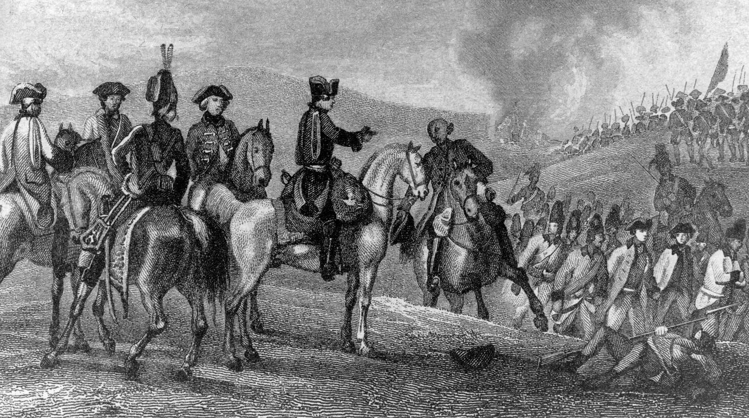 Frederick the Great directs his troops at the Battle of Lobositz, northern Bohemia, where he began the Seven Years’ War in 1756. 