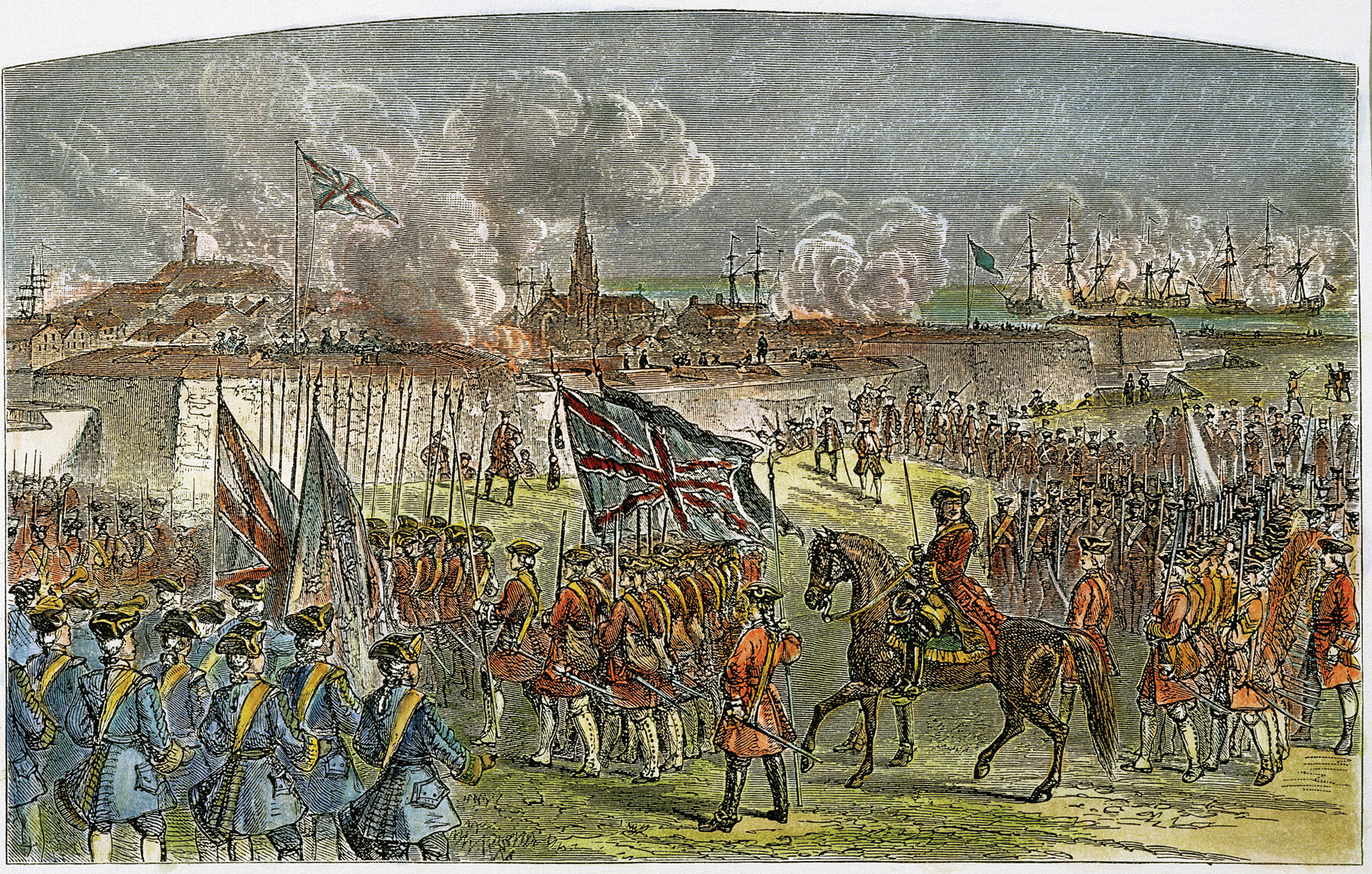 French forces at Louisbourg surrender to the British in June 1745. In the Treaty of Aix-la-Chapelle three years later, the British returned Louisbourg to the French in exchange for Madras in India, which had been captured by the French. The American colonists were outraged when they learned of the treaty’s terms.
