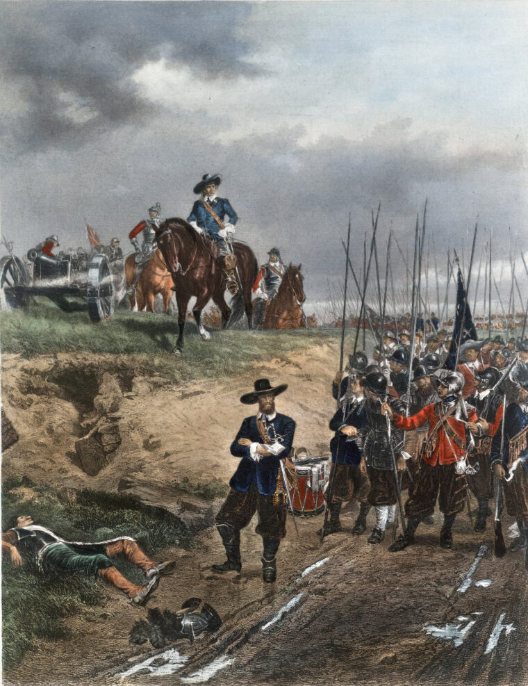 Lt. Gen. Oliver Cromwell watches from a hill as Parliamentary troops wait in formation on a rain-soaked road. The battle was a defining moment in the stern commander’s military career. 
