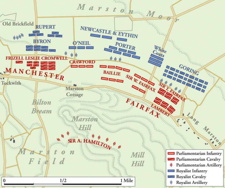 The Royalist army took up a defensive position on the moor to await the attack of the Scots and Parliamentarians who descended from a ridge to begin their attack. The Royalist line, which stretched for two miles, was deployed behind a ditch, which the Royalists hoped would slow the enemy advance.