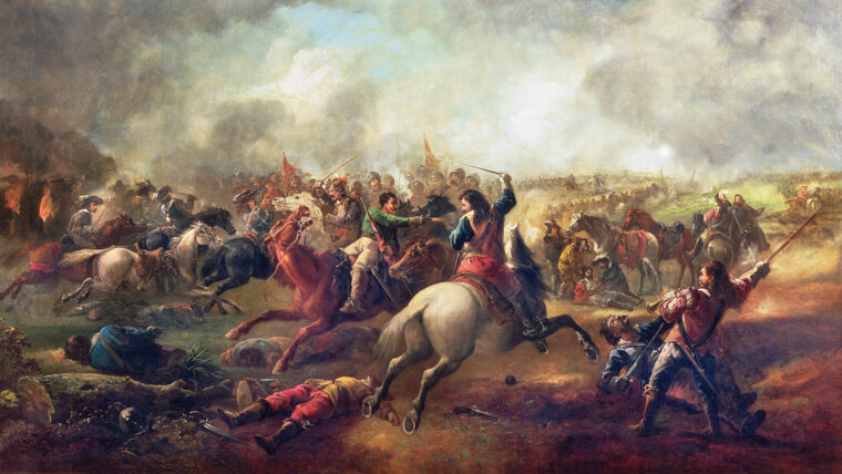 Furious counterattacks by Parliamentarian cavalry, including Oliver Cromwell’s “Ironside” troopers, prevented the Royalist horse from disrupting the advance of the Parliamentary army at Marston Moor.