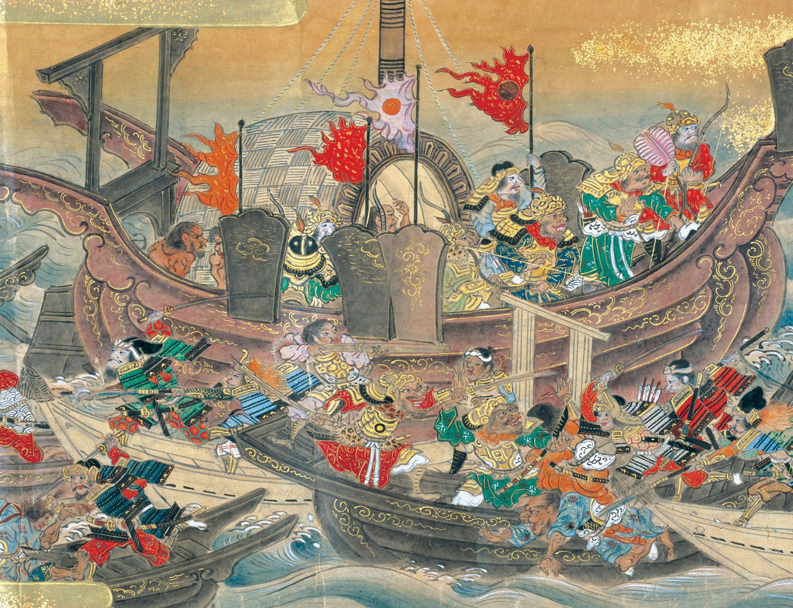 Japanese warriors raid a Mongol ship anchored in Hakata Bay in 1281 in a period scroll painting.