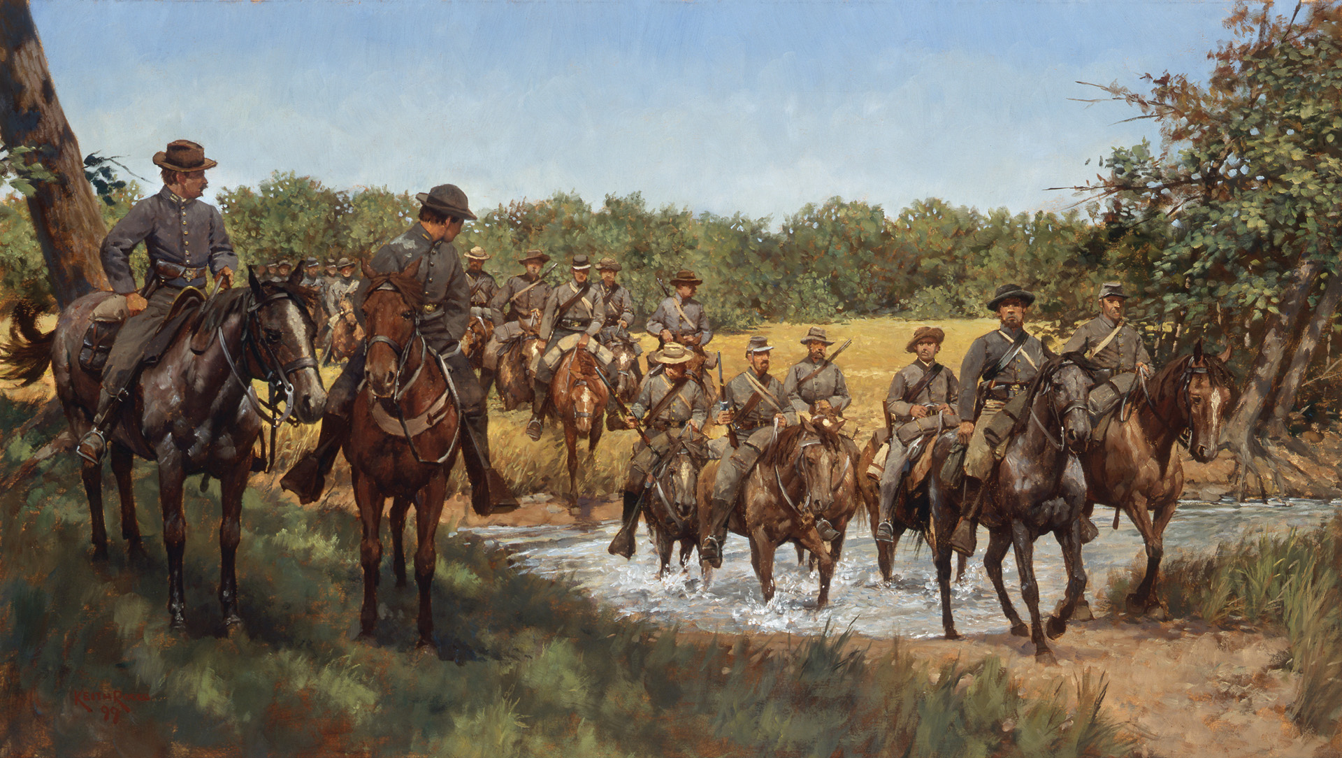 Confederate cavalry ford the Monocacy River downstream of the railroad junction in a flanking move meant to unhinge the Union position behind the river. Veteran Union infantry easily repulsed the cavalry, which attacked dismounted. 