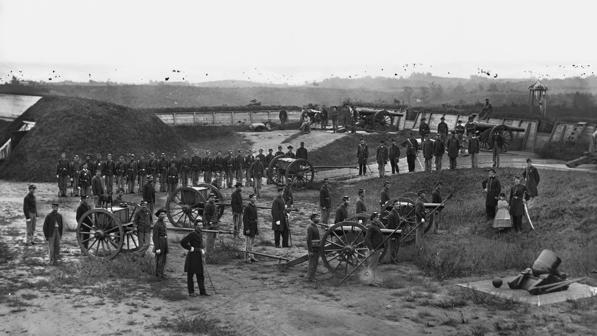 Company M of the 9th New York Heavy Artillery is shown in the Washington defenses. Lt. Gen. Ulysses S. Grant converted many of the artillery units defending the U.S. capital to infantry to compensate for losses in his Overland Campaign against General Robert E. Lee’s Army of Northern Virginia.