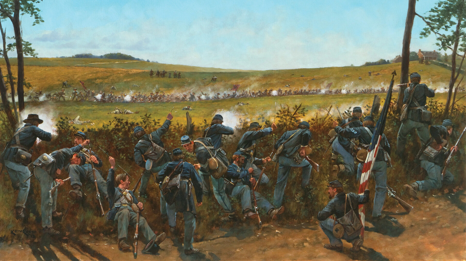 Veteran Union troops take up a strong position in a ditch as Confederates stream down a hillside on the Thomas Farm in an effort to uncover river crossings for the rest of Lt. Gen. Jubal Early’s Confederate army at the Battle of Monocacy.