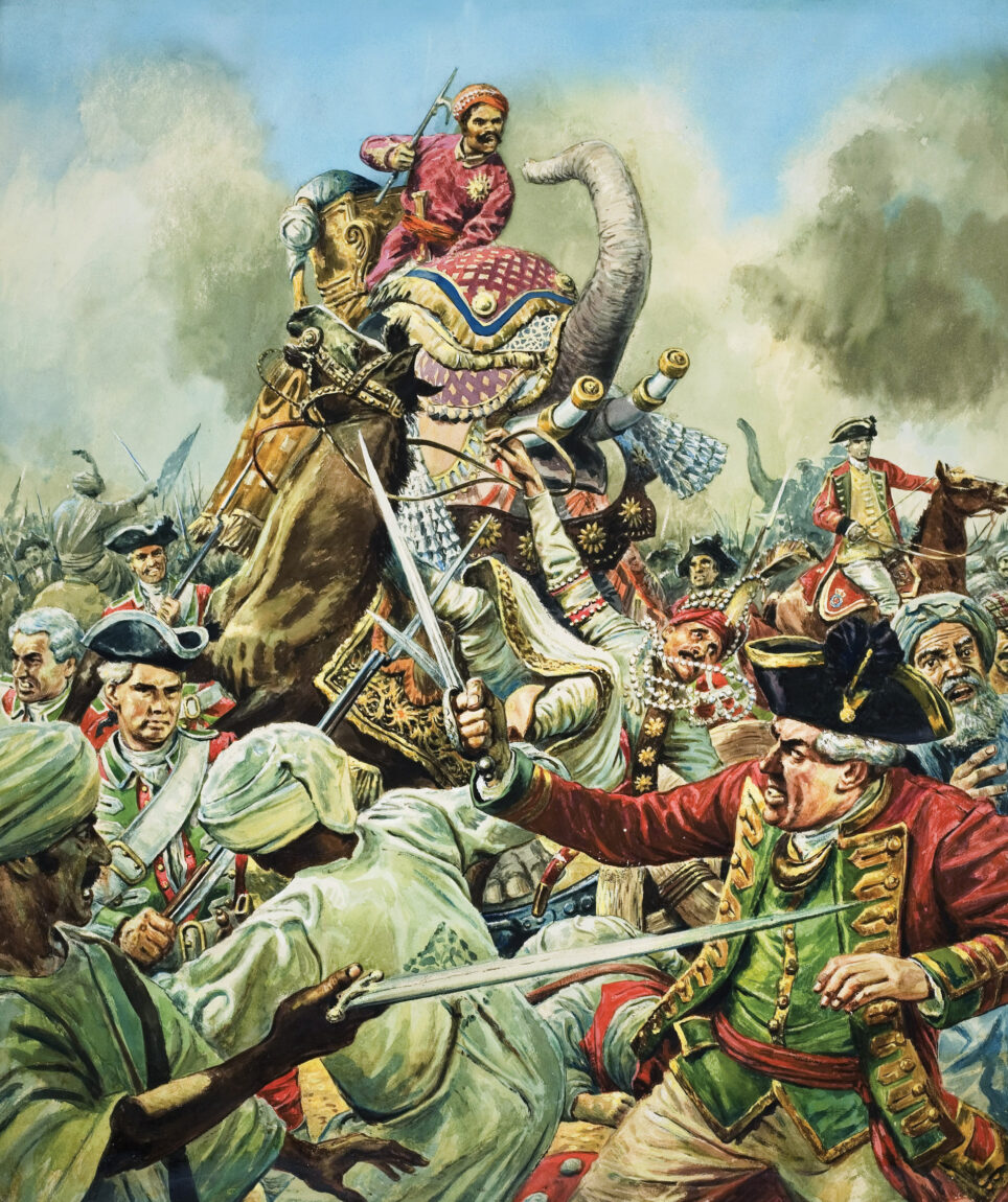 Elephants draped in scarlet and gold were part of Siraj-ud-Daula’s 60,000-man army. At the Battle of Arcot, Robert Clive and 300 British troops routed the raw and undisciplined host.