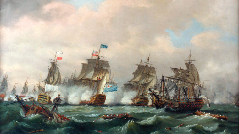 British Rear Admiral Edward Hawke’s flagship Royal George engages French Rear Admiral Comte de Conflans’ flagship Soleil Royal in the storm-tossed waters of Quiberon Bay. Even though the British lacked detailed knowledge of the bay, Hawke pursued Conflans into the hazard-filled waters in a quest to smash his opponent’s fleet.