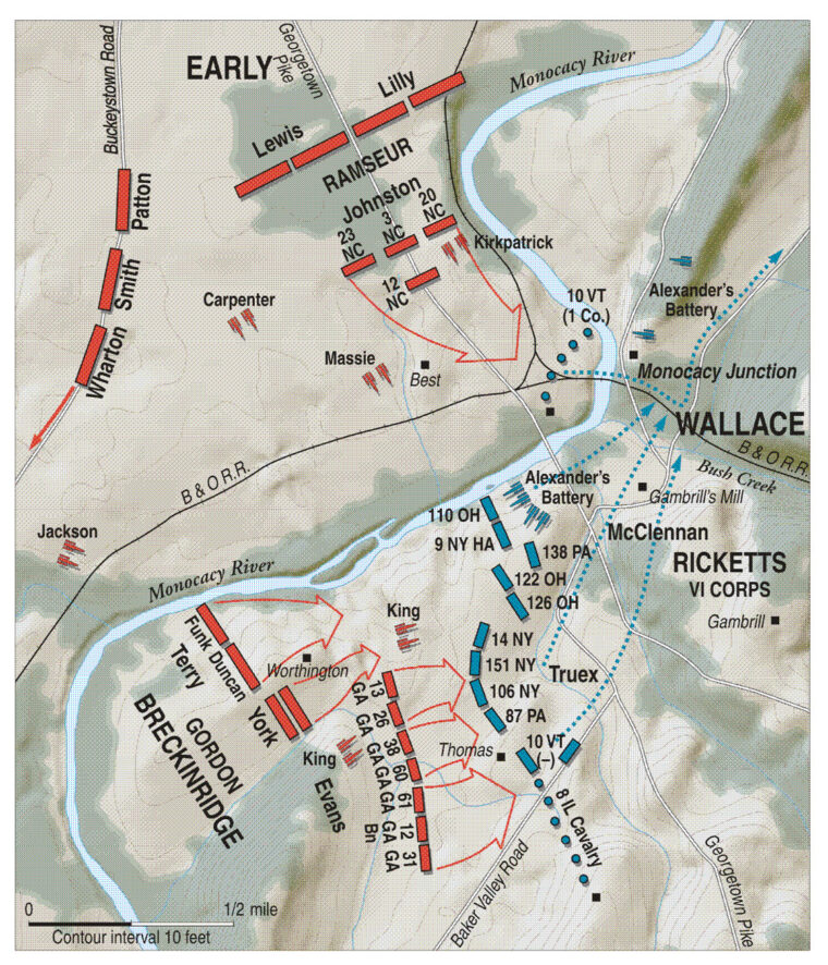 A demonstration by troops belonging to Maj. Gen. Stephen Ramseur’s division against Monocacy Junction sought to pin down Federal forces while Maj. Gen. John Gordon’s division attacked in echelon against the Union left flank on the Thomas Farm.