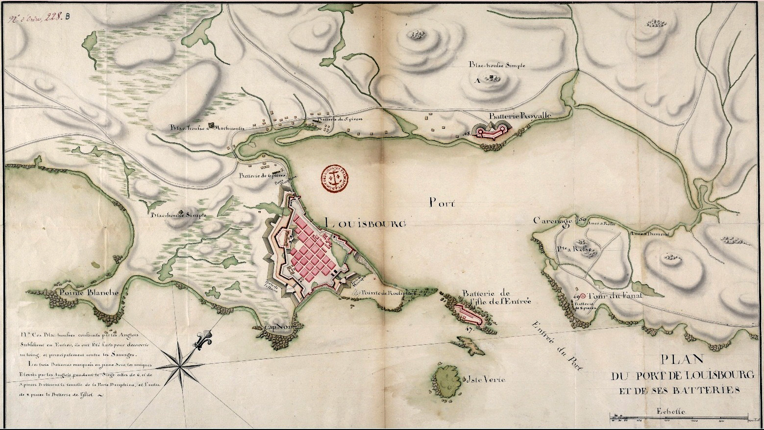 A period map of Louisbourg shows the fortified town at left, the Island Battery at right, and the Royal Battery at top center. If any enemy ships managed to get past the Island Battery, they would still have to contend with the Royal Battery on the north side of the harbor.