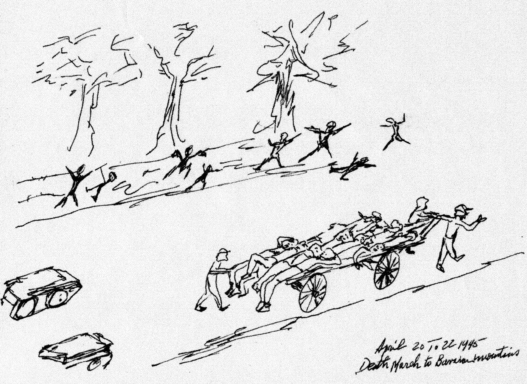 POW Tony Acevedo’s sketch based on his memories of the death march shows sick POWs on a wagon, dead ones in a ditch.