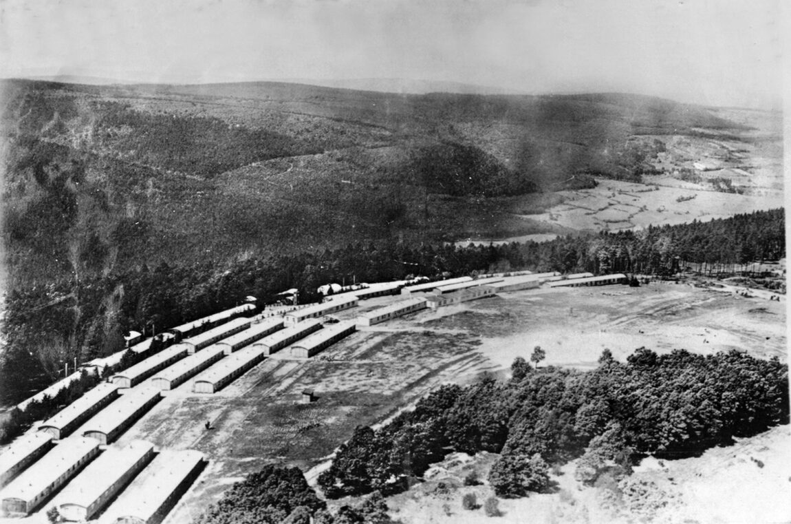 An aerial view of Stalag IX-B, located on a hilltop above the German city of Bad Orb. At this camp, 350 American soldiers—Jews and Gentiles alike—were separated from the rest of the prison population and sent further east to Berga-an-der-Elster, where they became slave laborers for the Nazis.