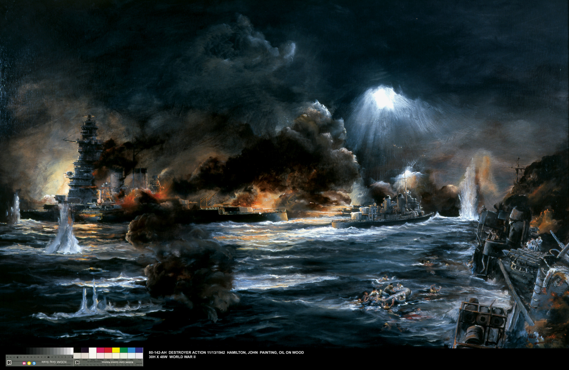 Naval artist John Hamilton depicted the night action on November 13, 1942, when eight U.S. destroyers and five cruisers engaged in an all-out slugfest against two Japanese battleships and 12 destroyers in “the Slot,” between Guadalcanal and Florida Island. The action lasted only 20 minutes but ended in a victory for the U.S. Navy. During the six-month-long campaign, the two combatants lost over 60 ships and more than 1,200 aircraft.