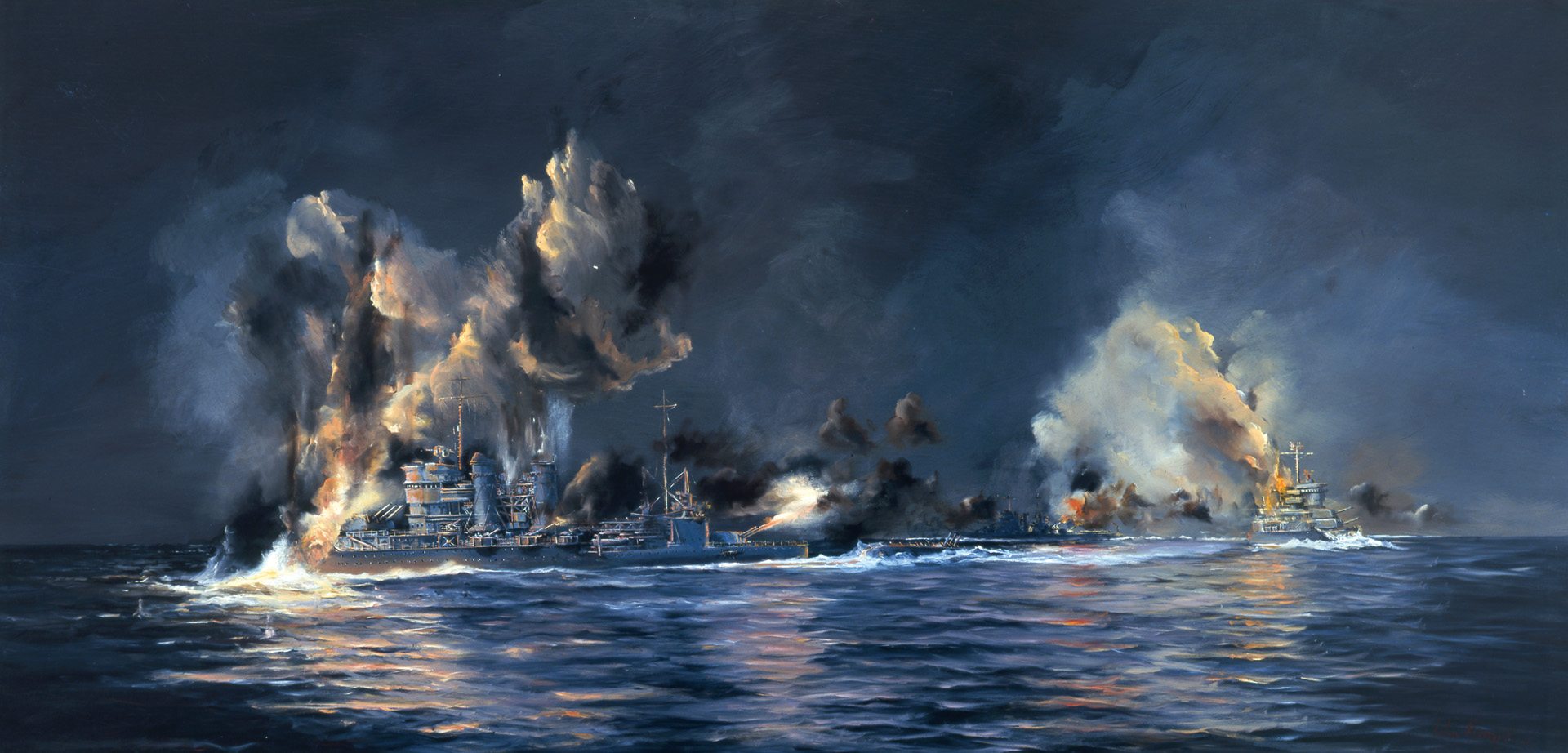 Ships explode during a heavy exchange of gunfire at the Battle of Tassafaronga, November 30, 1942. The U.S. Navy was successful at interdicting Japan’s attempts to resupply her troops on Guadalcanal, thus forcing the evacuation. 