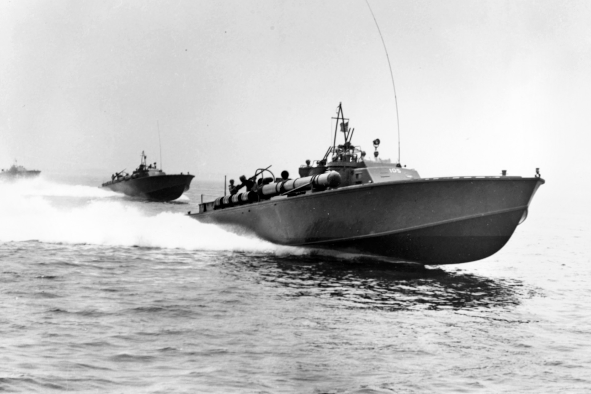 U.S. Navy Motor Torpedo Boat (PT) Squadron Five, photographed during training in July 1942, a month before the Marine landing on Guadalcanal.