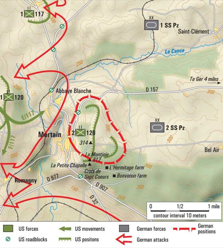 After reaching Mortain, the 30th Infantry Division was attacked from the east and south by strong German panzer divisions. 