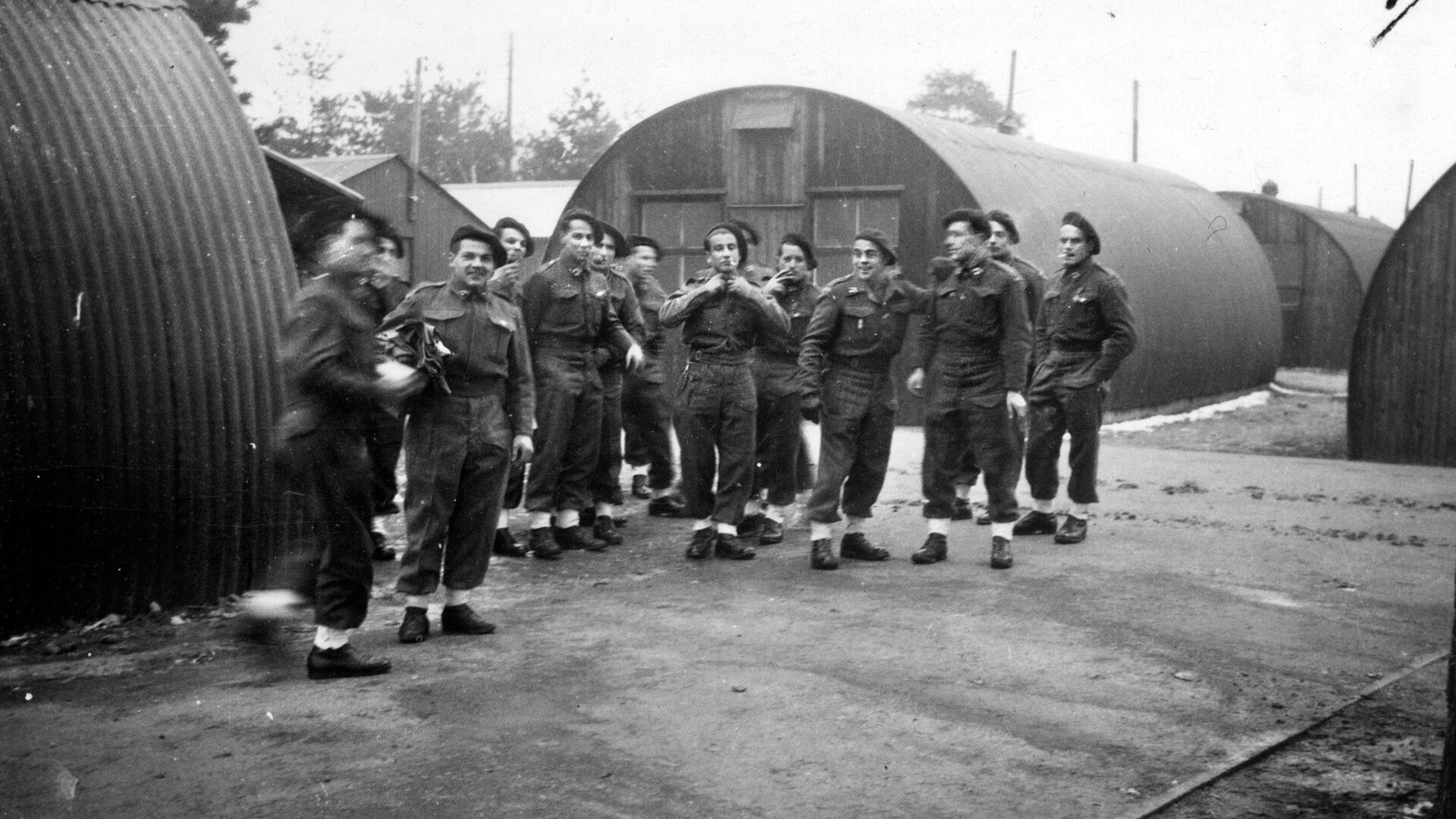 Members of René Champion’s 3rd Company photographed at Camberley, their training base near London, England, in 1942. The men were of various nationalities, including Americans, who volunteered to free France. 