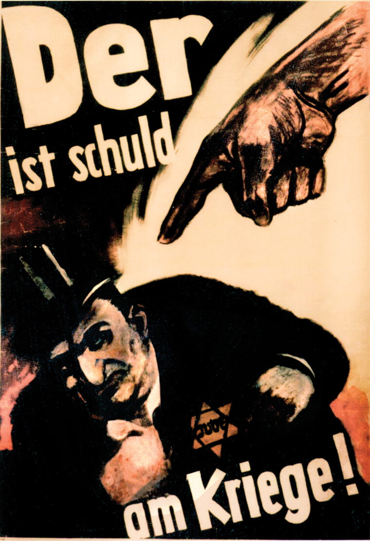 An anti-semitic poster with a caricature of a Jew; the headline reads, "He is to blame for the war!” Through such crude propaganda the Nazis hoped to inflame hatred toward Jews.