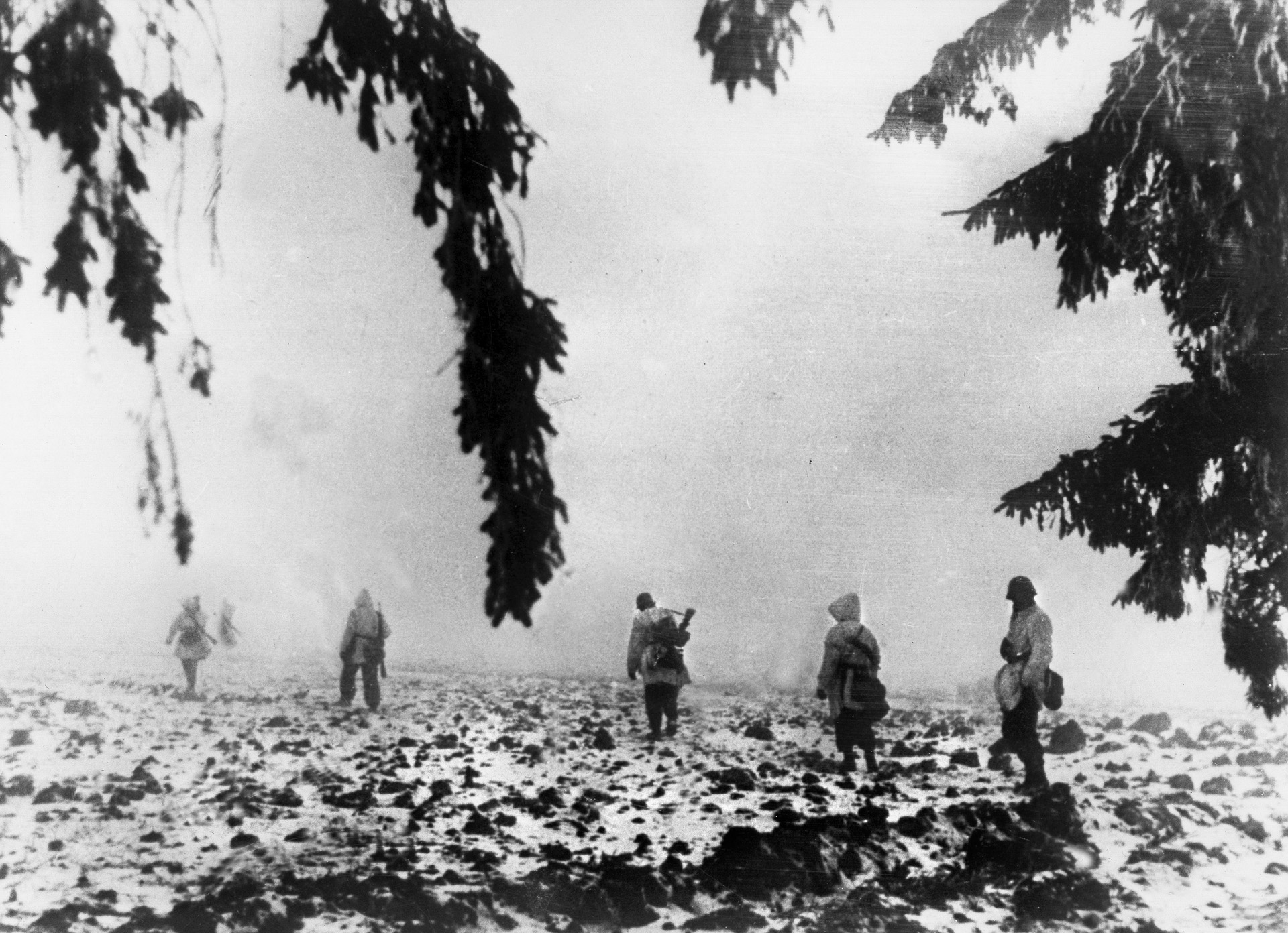    German volksgrenadiers in winter camouflage spread out as they advance through the fog during Operation Nordwind. The goal of the German offensive was to break through the U.S. Seventh Army’s line and destroy its forces. 