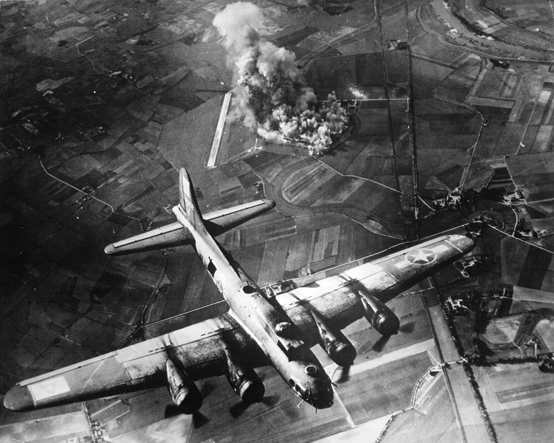 A B-17 formation attacks a Focke-Wulf plant at Marienburg, Germany, on October 9, 1943.