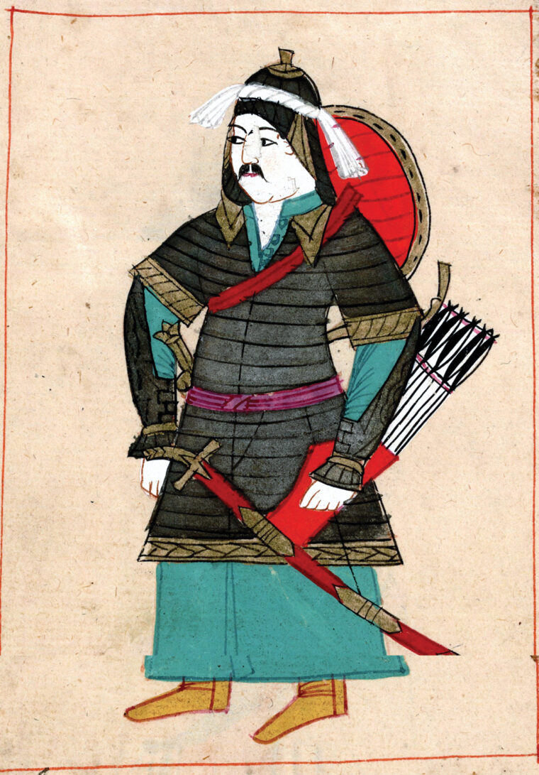 Period drawing of a chain mail-wearing Turkish Sipahi, armed with a lance, sword, bow, and arrows.