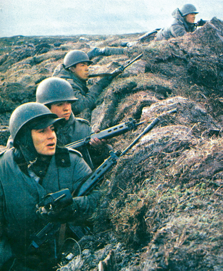 Argentine soldiers man trenches shortly after their invasion of the Falkland Islands on April 2, 1982.