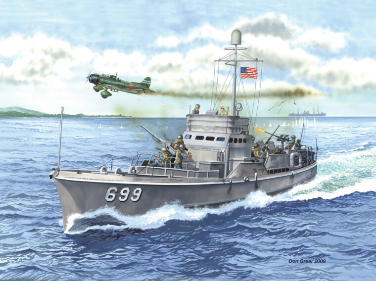 The commander of a Japan- ese fighter squadron took it upon himself to attack the Seventh Amphibious Force at the start of the Battle of Biak. Submarine Chaser 699 suffered heavy damage in the attack. Painting by Don Greer.