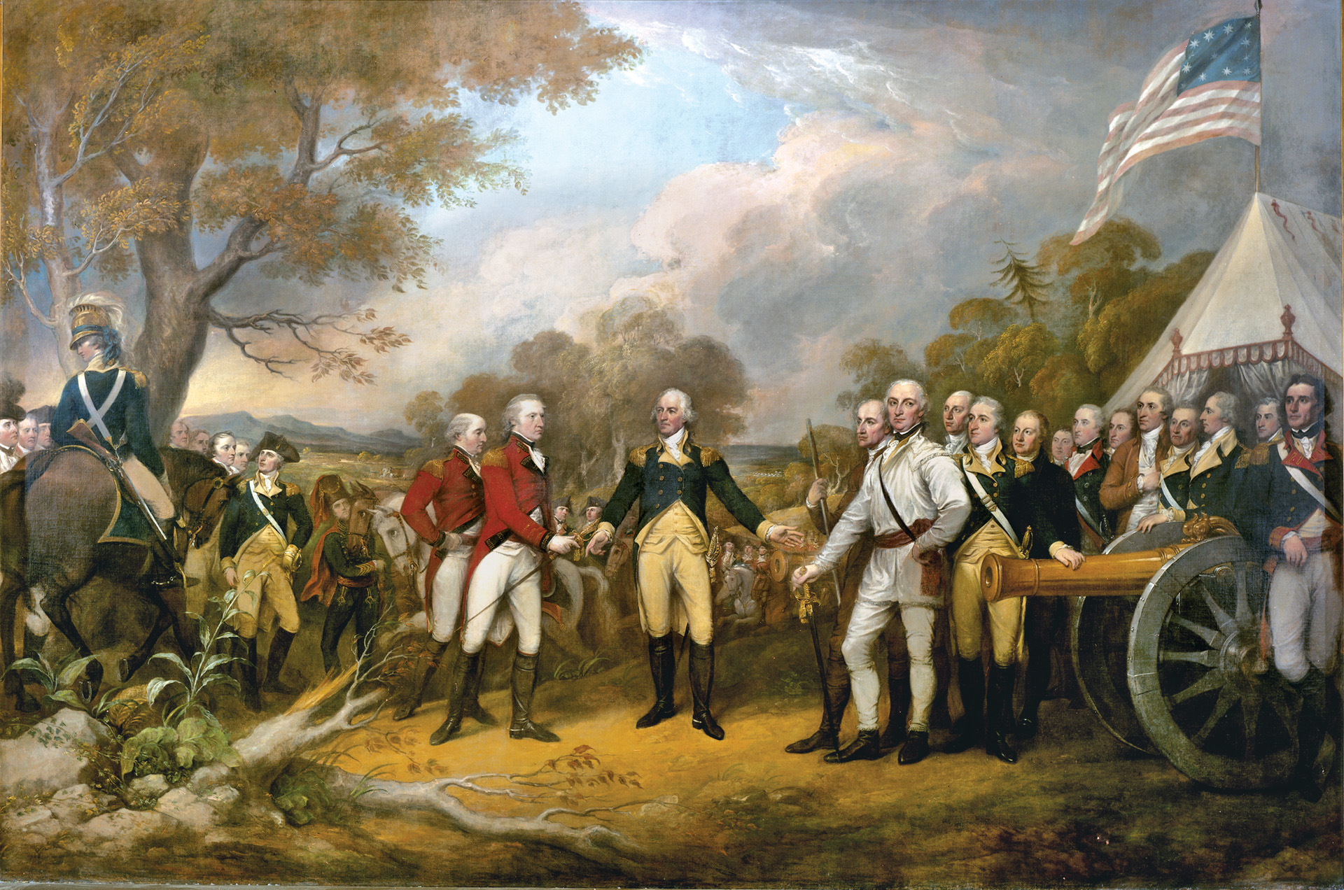 Artist John Trumbull put Morgan in the foreground among the American officers depicted in his famous painting of the British surrender on October 17, 1777, at the Battle of Saratoga.