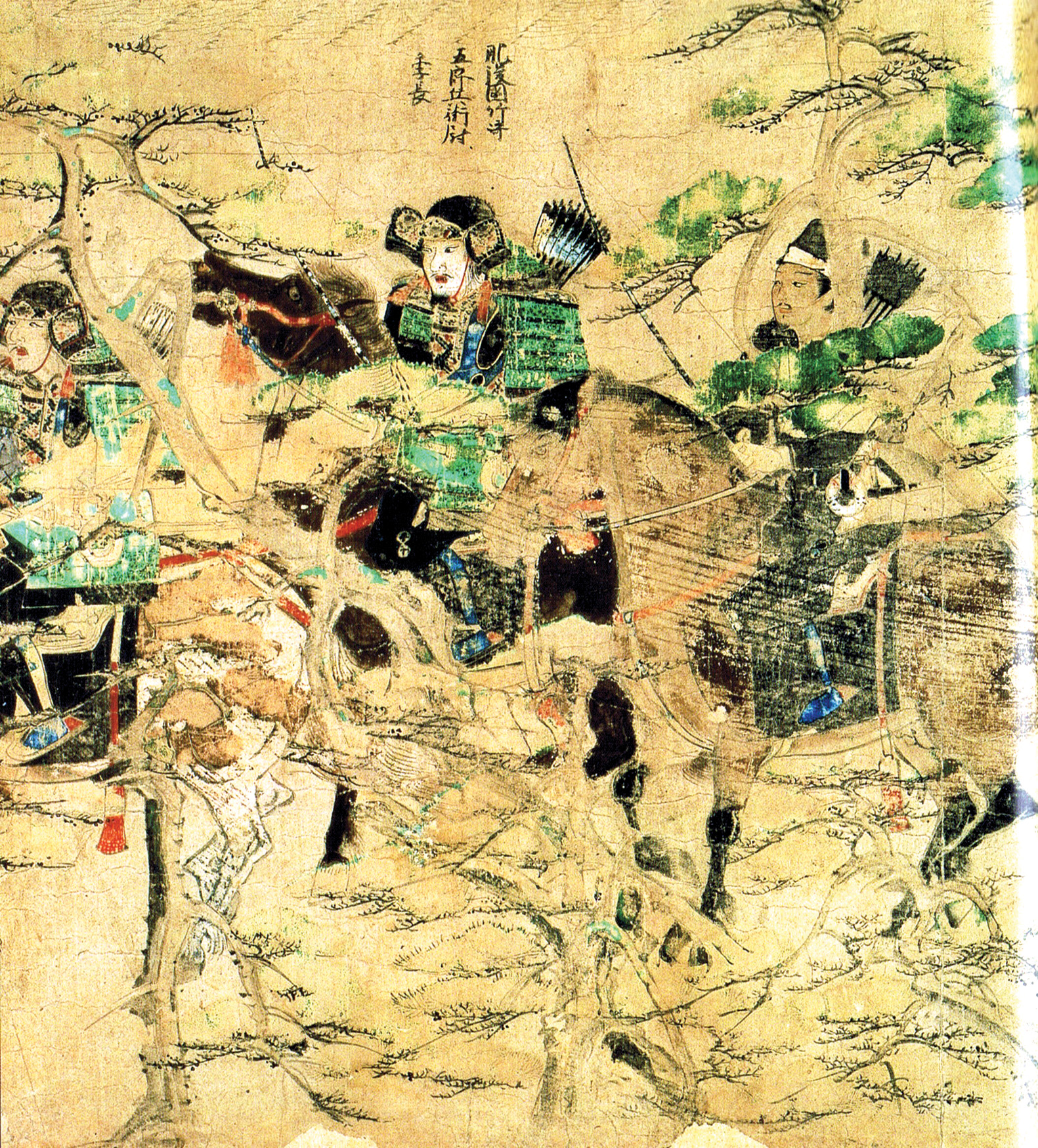 Mounted Japanese soldiers ride through a pine forest during the Mongolian invasion of Japan in 1274 in a 20th-century illustration. The Japanese defense against the Mongol invasion was plagued by the glory-hungry nature of samurai who exhibited a lack of discipline, thinking instead of personal honor and glory through individual combat.