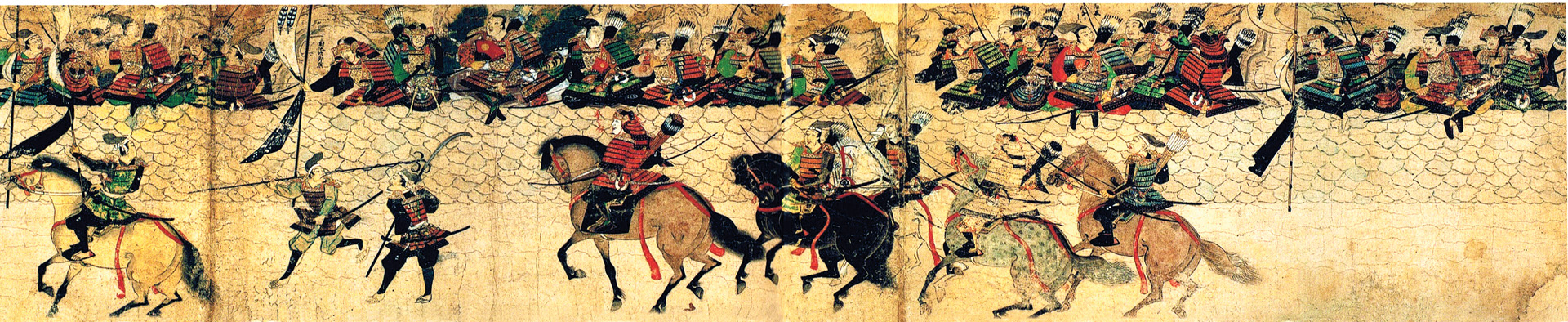 Six-foot-high defensive walls at Hakata Bay are shown in a period scroll painting. The landward side of the walls, which were constructed in advance of the 1281 invasion, had an earthen embankment that served as a platform from which both mounted samurai and foot archers could launch clouds of deadly arrows. 