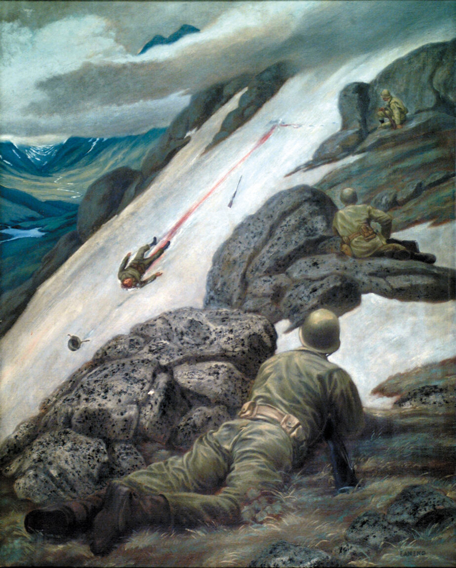 A wounded American soldier tumbles down a snow-covered mountainside during fighting on Attu as his fellow soldiers look on from protected positions. The Americans sought to pry the Japanese from Attu and Kiska before they could construct airfields.