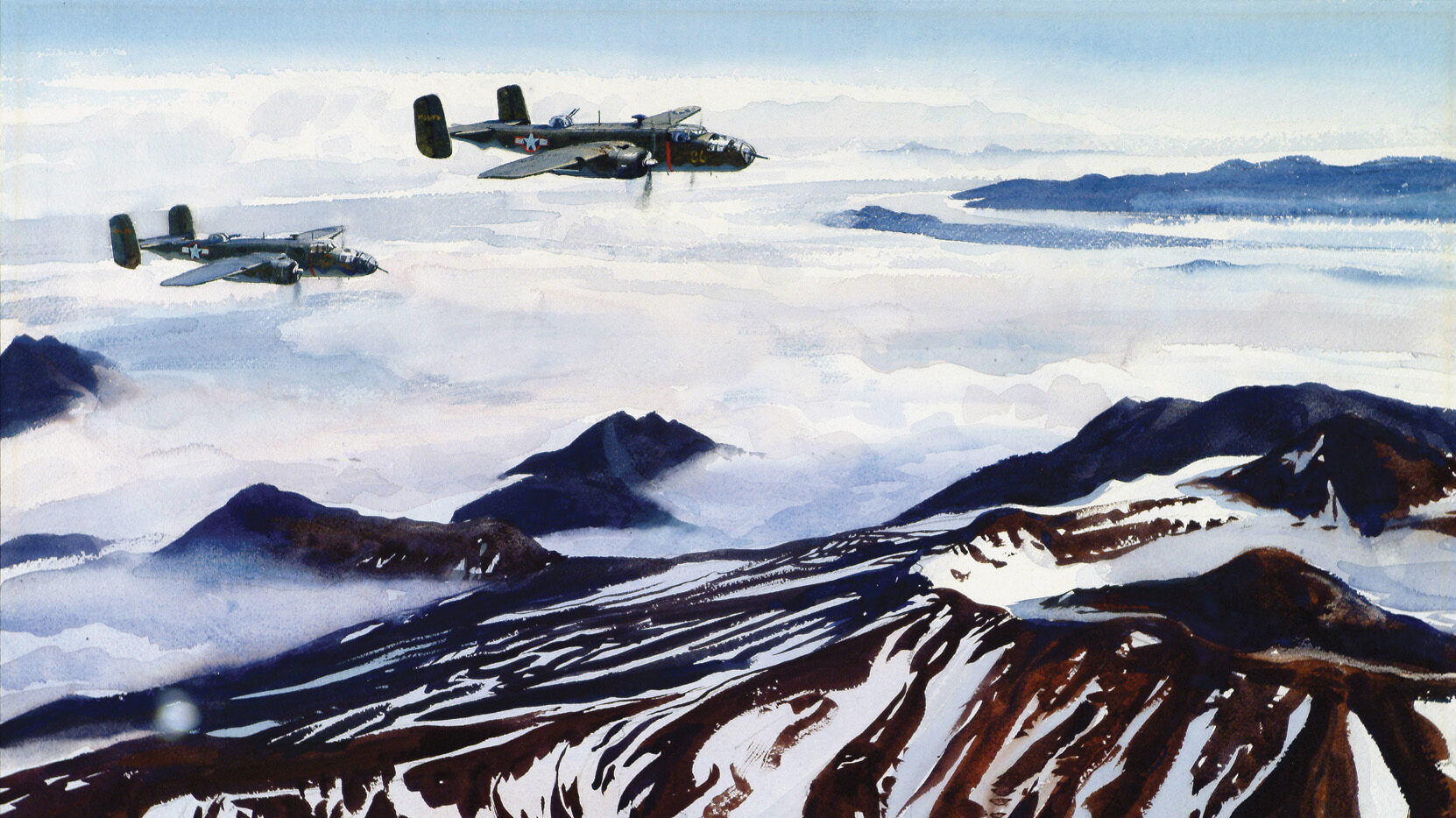 B-25 Mitchell medium bombers fly over islands covered in snow and shrouded in fog to strike at Japanese forces.