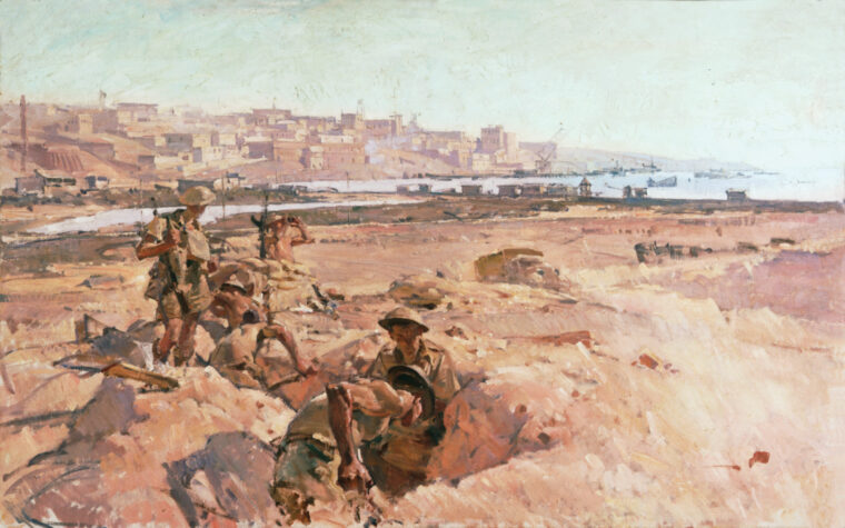 Australians expand and improve the Italian defenses at Tobruk in February 1941 in anticipation of an attack by Axis forces in a painting by Australian war artist Ivor Hele. Two months later, Generalleutnant Erwin Rommel’s Afrika Korps began probing the Allied defenses at the key Libyan port.