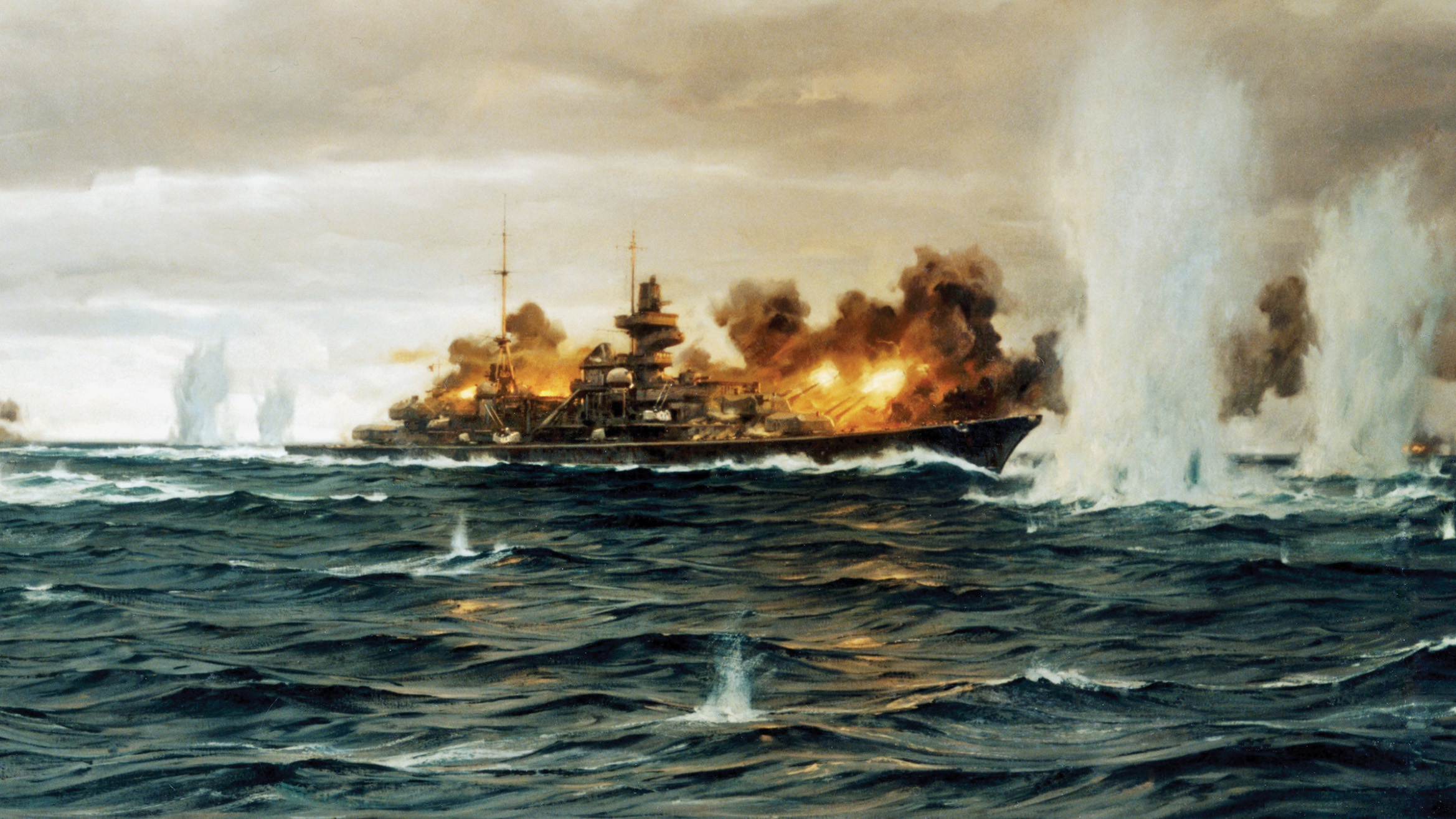 An artist's depiction of the German battleships Bismarck and Prinz Eugen firing on battlecruiser HMS Hood and battleship Prince of Wales during the Battle of Denmark Strait, May 23, 1941. Both British ships were hit and Hood was sunk but Prince of Wales, although damaged, survived for a few more months.