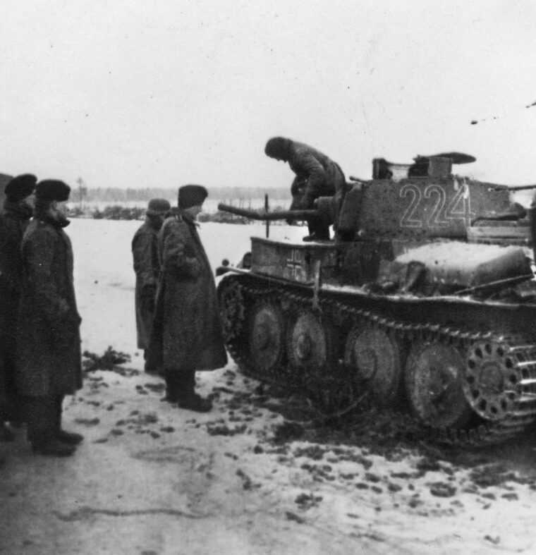 Sergeant Karl Fuchs’s Czech-built Panzer 38(t) in which he fought, and died, in Russia. Note the bent barrel of the 37mm Škoda A7 main gun.