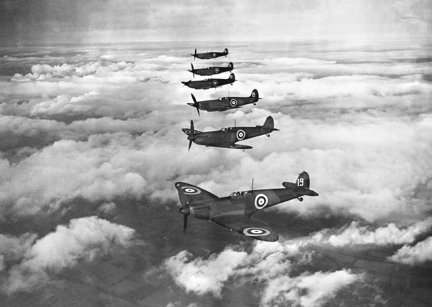 A flight of Supermarine Spitfire fighters is a breathtaking sight in the sky above Europe. The Spitfire received tremendous credit for defeating the Luftwaffe during the Battle of Britain.