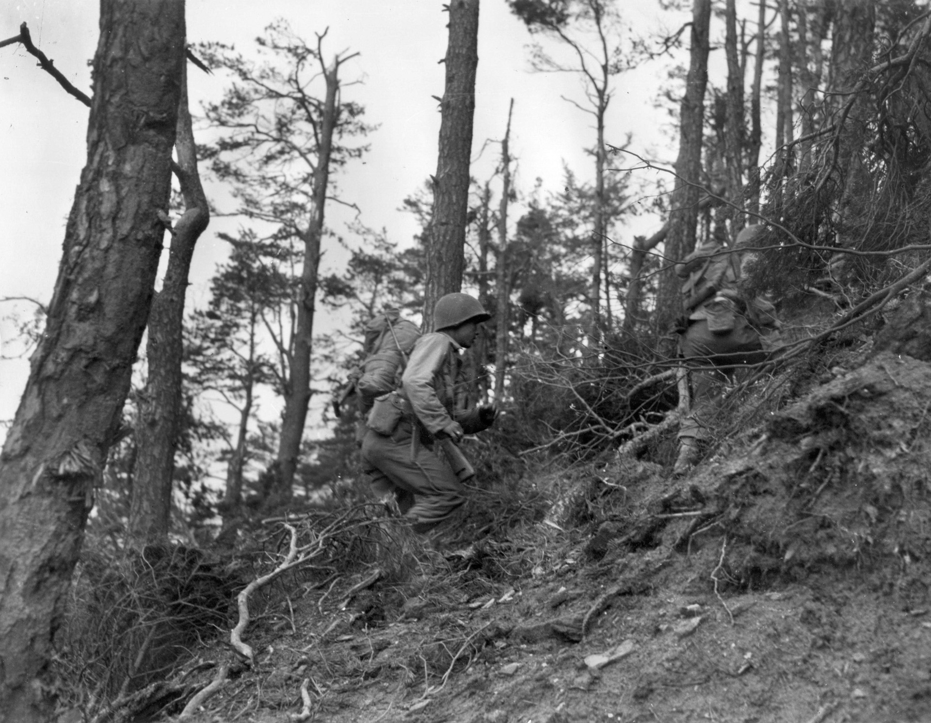 After heavy fighting in Italy, the 442nd RCT was redeployed to southern France in October 1944. Here 442nd troops, now attached to the 36th Infantry Division, climb a steep hill, October 24, 1944.