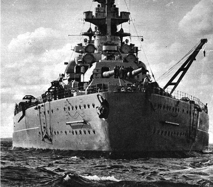 Bismarck, pride of the German Navy, shown during sea trials, March 1941.