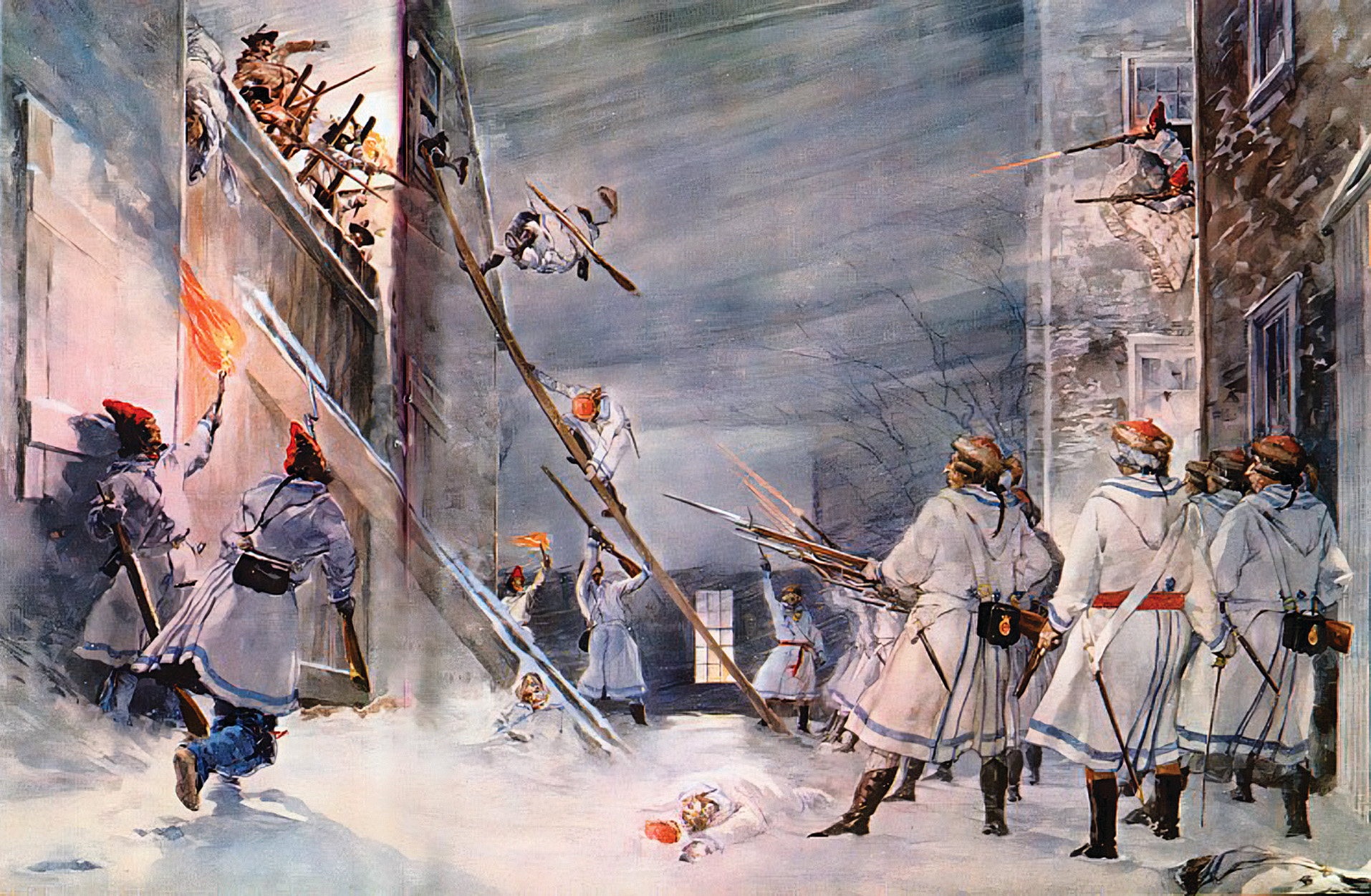 Following a Herculean march through the wilds of northern Maine with Colonel Benedict Arnold, Morgan’s riflemen clamber over the walls of Quebec under fire from Canadian militia on December 31, 1775. Morgan ultimately was captured in the disastrous Battle of Quebec.