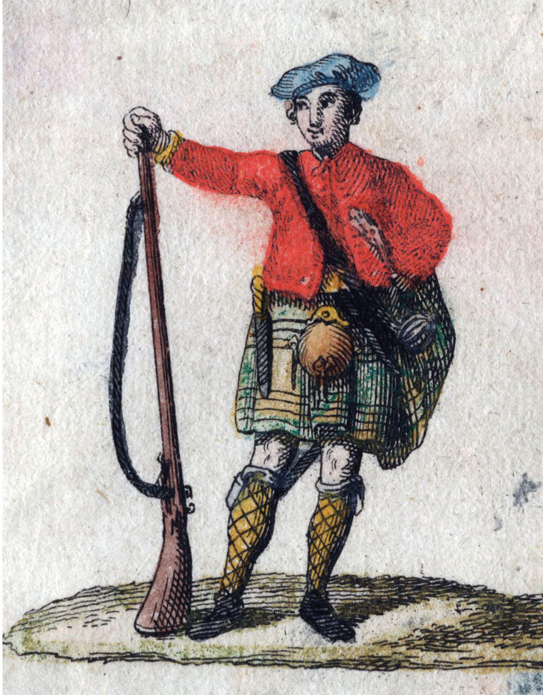 A British Highlander, also depicted in a period engraving, wears the traditional plaid kilt, red jacket, and blue bonnet.