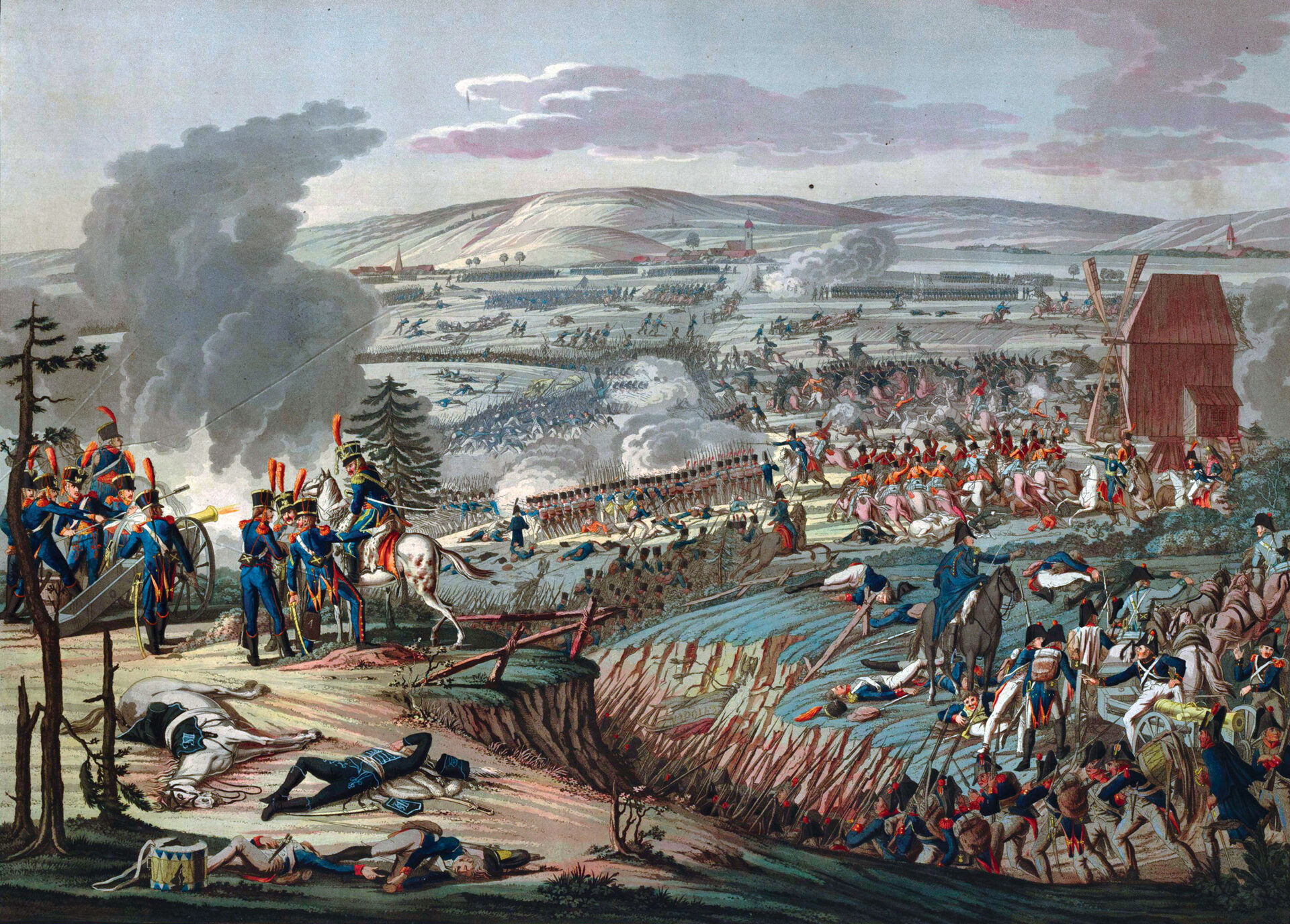 Napoleon’s troops are shown attacking the Prussians at Jena. Napoleon’s artillery crushed the Prussian flanks, and subsequent French cavalry attacks caused panic among already shaken troops, compelling Prince Hohenlohe to order a general retreat. 